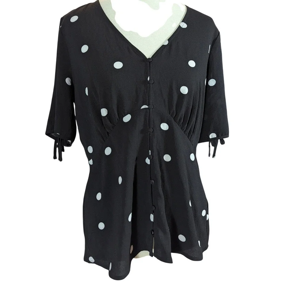 Vince‎ Camuto Blouse Womens S Black White Polka Dot Button Tie Sleeve Peplum